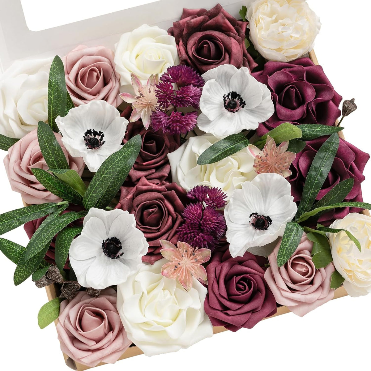 Ling's moment Fake Flowers Box, Faux Artificial Greenery Stems Foam Roses Dahlia Silk Peonies Eucalyptus Fabic Flower for Centerpieces Bouquet Wedding Vase, Dusty Rose & Burgundy, Deluxe Combo