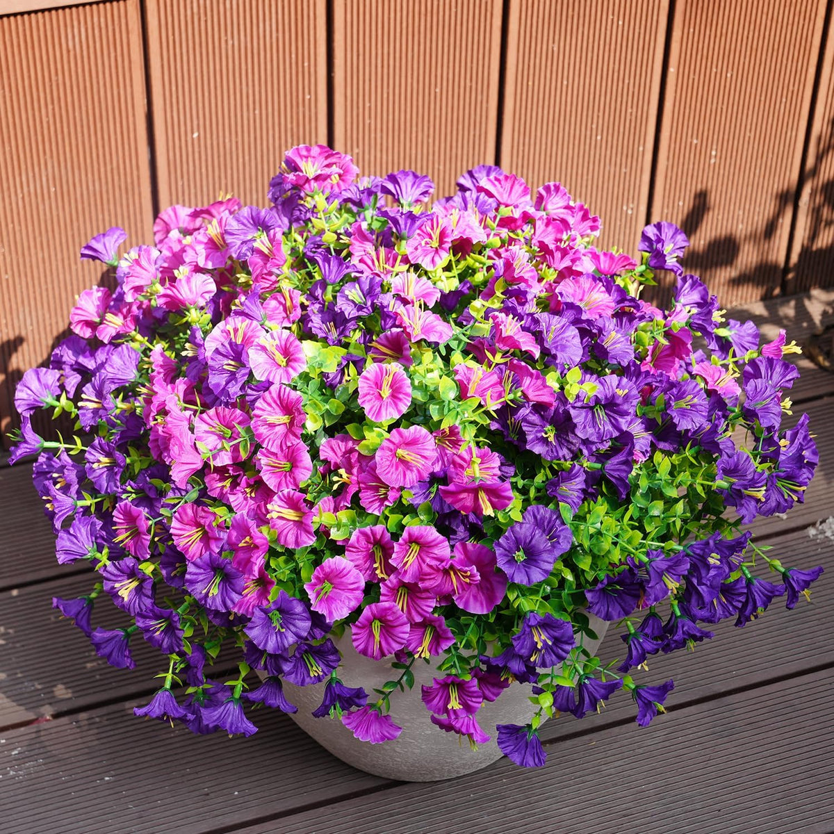 Artificial Flowers for Outdoors, UV Resistant Fake Silk Morning Glory, Realistic Faux Plants for Outside Porch Patio Window Box Hanging Planter (16, Purple Fuchsia Yellow Orange)