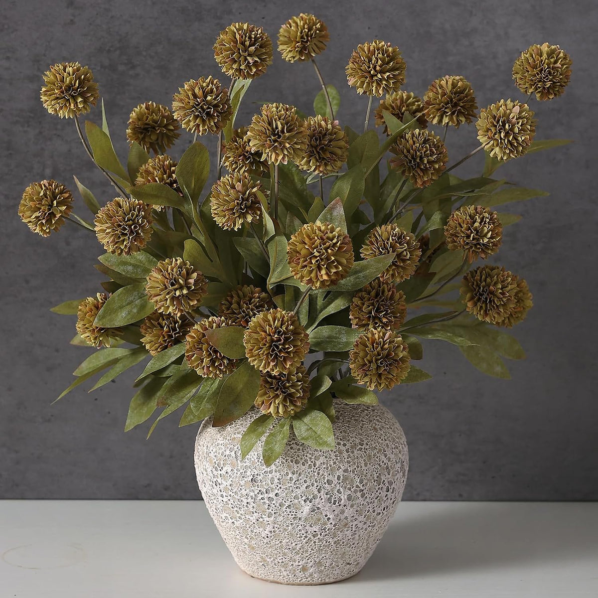 12 Pcs 27" Faux Silk Pompon Mum Artificial Flowers for Vase, Beige Bulk Fake Chrysanth Branches