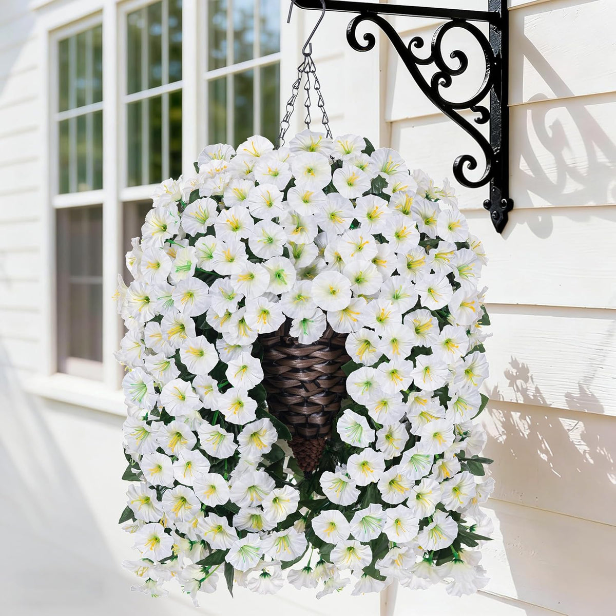 HyeFlora Artificial Faux Hanging Flowers Plants Basket for Outdoor Outside Porch Decoration, UV Resistant Fake Silk Purple Morning Glory Trailing Vines Realistic for Summer Home Balcony Yard Patio