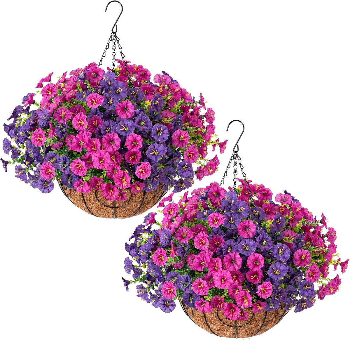 2 Set Artificial Hanging Flowers Baskets for Outdoors Faux Spring Plants, 24 Pcs UV Resistant Faux Silk White Morning Glory with 2 Outdoor Hanging Planters Realistic for Outside Porch Patio Decor