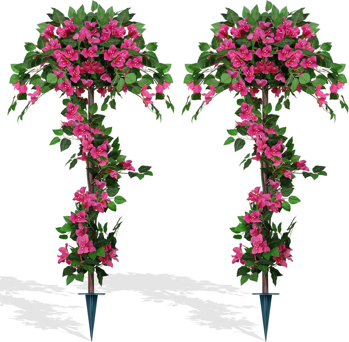 2Pack 4FT Artificial Bougainvillea Topiary Trees for Outdoor, Fake Silk Flowers Plants Bushes with Ground Spike, Faux UV Resistant Shurbs Trees for Outside,Front Porch,Patio,Balcony Decor