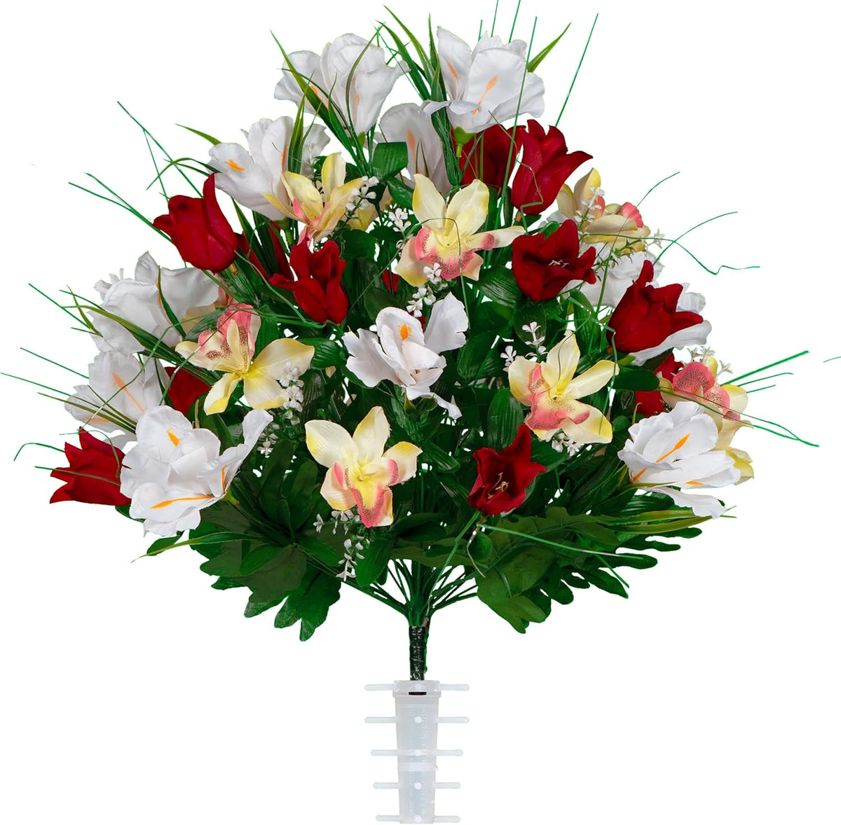 Sympathy Silks Ruby's Silk Flowers Artificial Flowers - Weighted Pot Bouquet Decoration - Height 18"-20" - Red Tulip and White Iris Potted Flowers