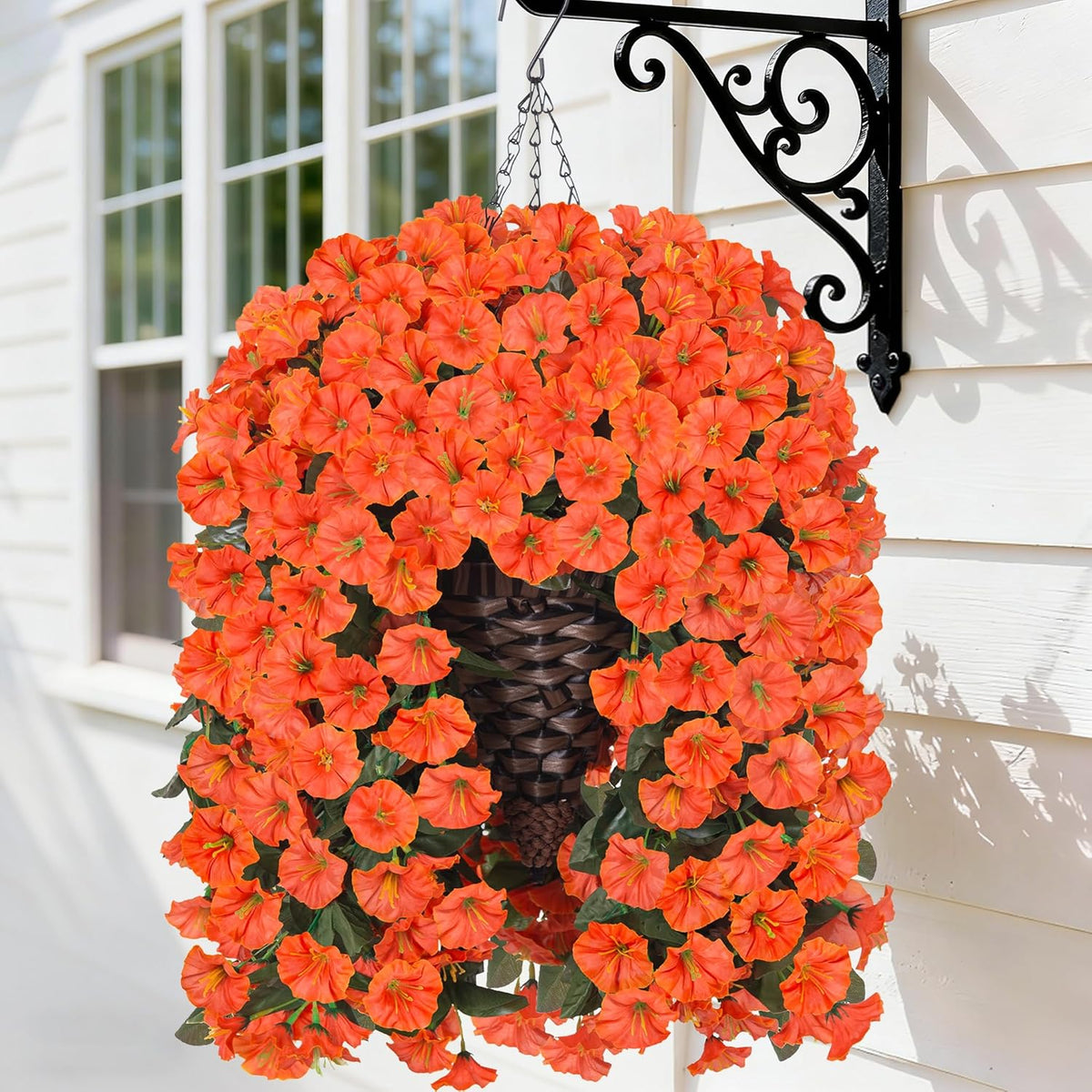 HyeFlora Artificial Faux Hanging Flowers Plants Basket for Outdoor Outside Porch Decoration, UV Resistant Fake Silk Purple Morning Glory Trailing Vines Realistic for Summer Home Balcony Yard Patio