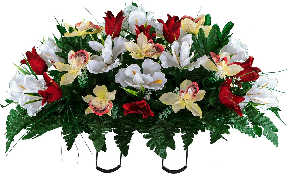 Sympathy Silks Ruby's Silk Flowers Artificial Flowers - Weighted Pot Bouquet Decoration - Height 18"-20" - Red Tulip and White Iris Potted Flowers