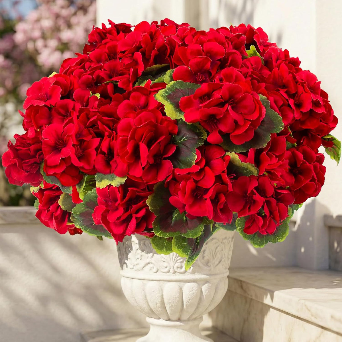 lovemoon 8 Pcs Artificial Geranium Plant Realistic Silk Flowers for Outside UV Resistant Faux Geraniums Flowers for Indoor Outdoor Home Garden Office Decoration (8, Red)