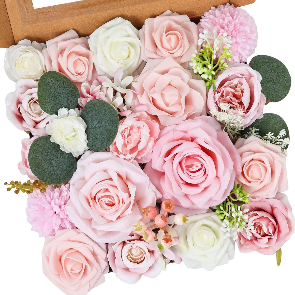 Artificial Flowers Combo Pink Roses with Stems Bouquets Box Set Bridal Wedding Shower Decorations Fake Floral for Party Table Centerpieces Home Decor