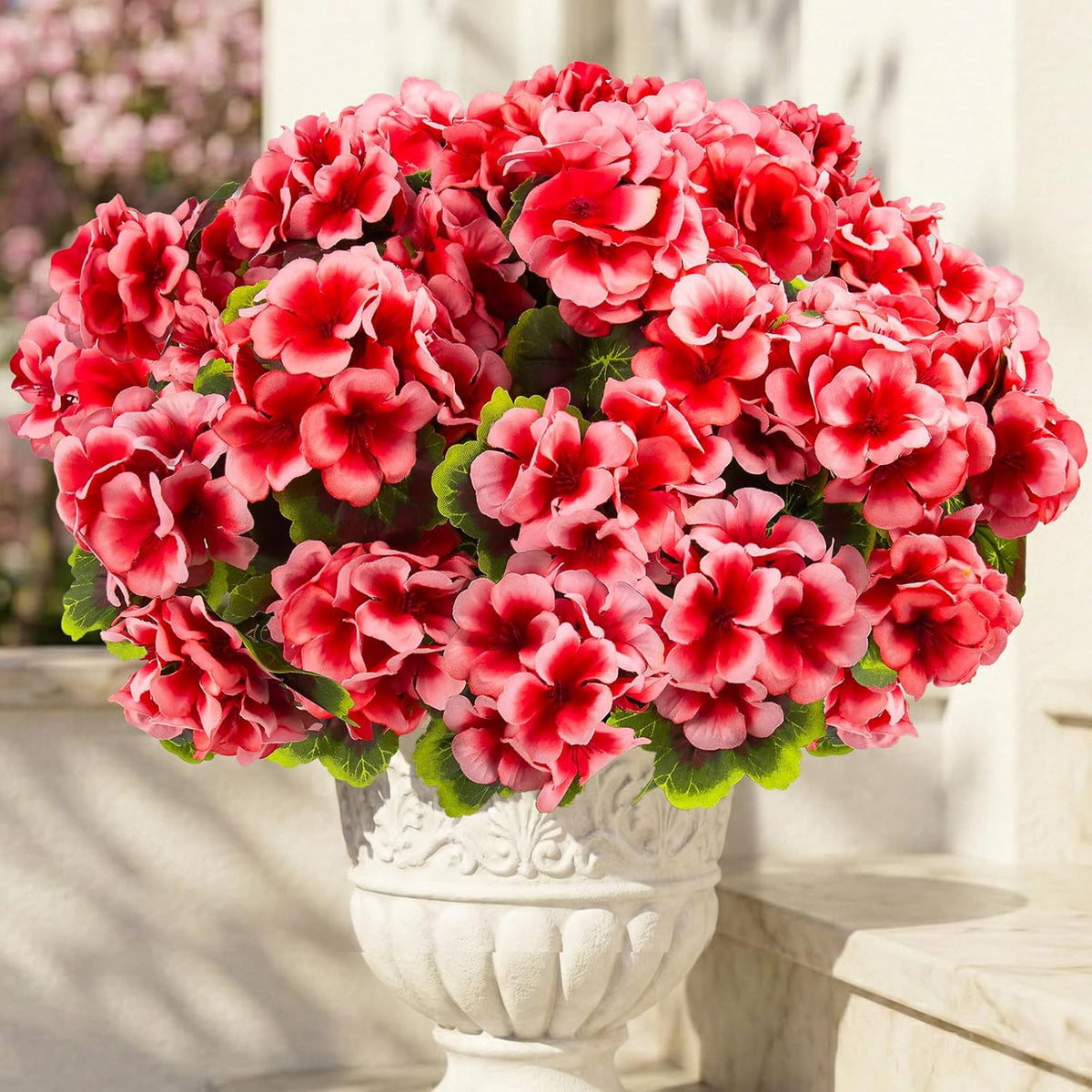lovemoon 8 Pcs Artificial Geranium Plant Realistic Silk Flowers for Outside UV Resistant Faux Geraniums Flowers for Indoor Outdoor Home Garden Office Decoration (8, Red)