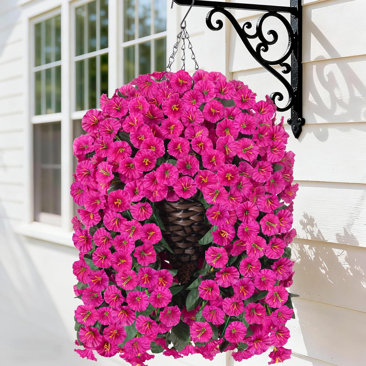 HyeFlora Artificial Faux Hanging Flowers Plants Basket for Outdoor Outside Porch Decoration, UV Resistant Fake Silk Purple Morning Glory Trailing Vines Realistic for Summer Home Balcony Yard Patio