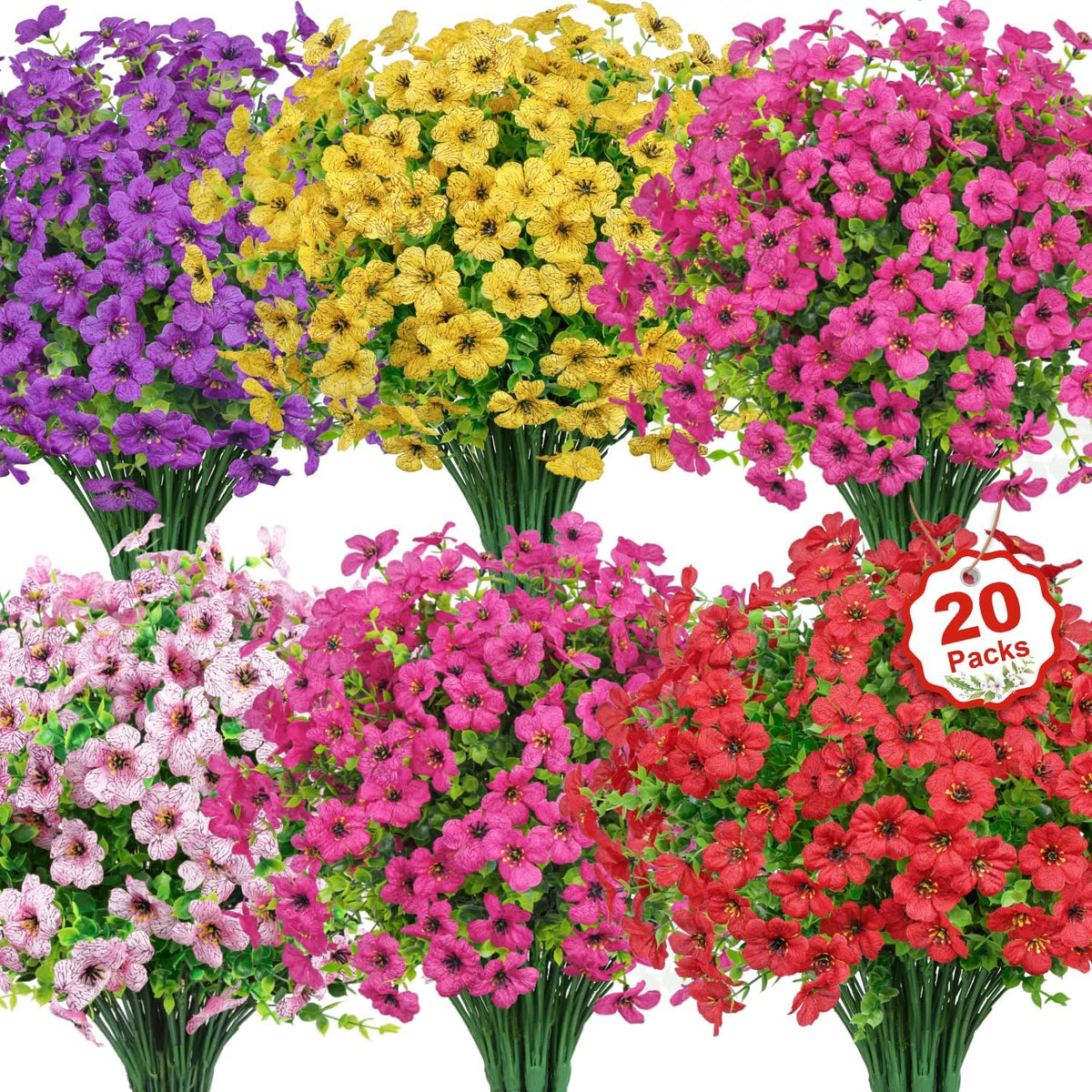 20 Bundles Artificial Flowers for Outdoors Decoration Fake Silk Flowers UV Resistant Faux Plants Artificial Daisy Eucalyptus for Spring Summer Garden Yard Porch Window Home Decor, Mixed