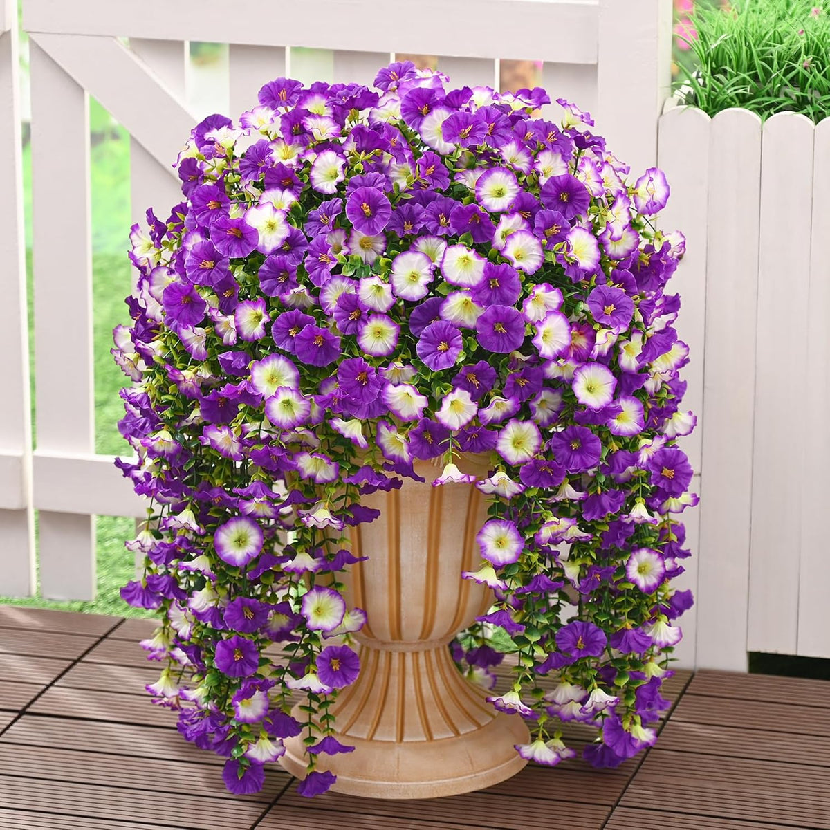 Dolicer 4 Packs Look Real Artificial Flowers for Outdoors, Fake Artificial Hanging Flowers for Outdoors Realistic UV Resistant Hanging Flowers Silk Petunia Faux Flowers for Porch Patio(Purple+Fuchsia)