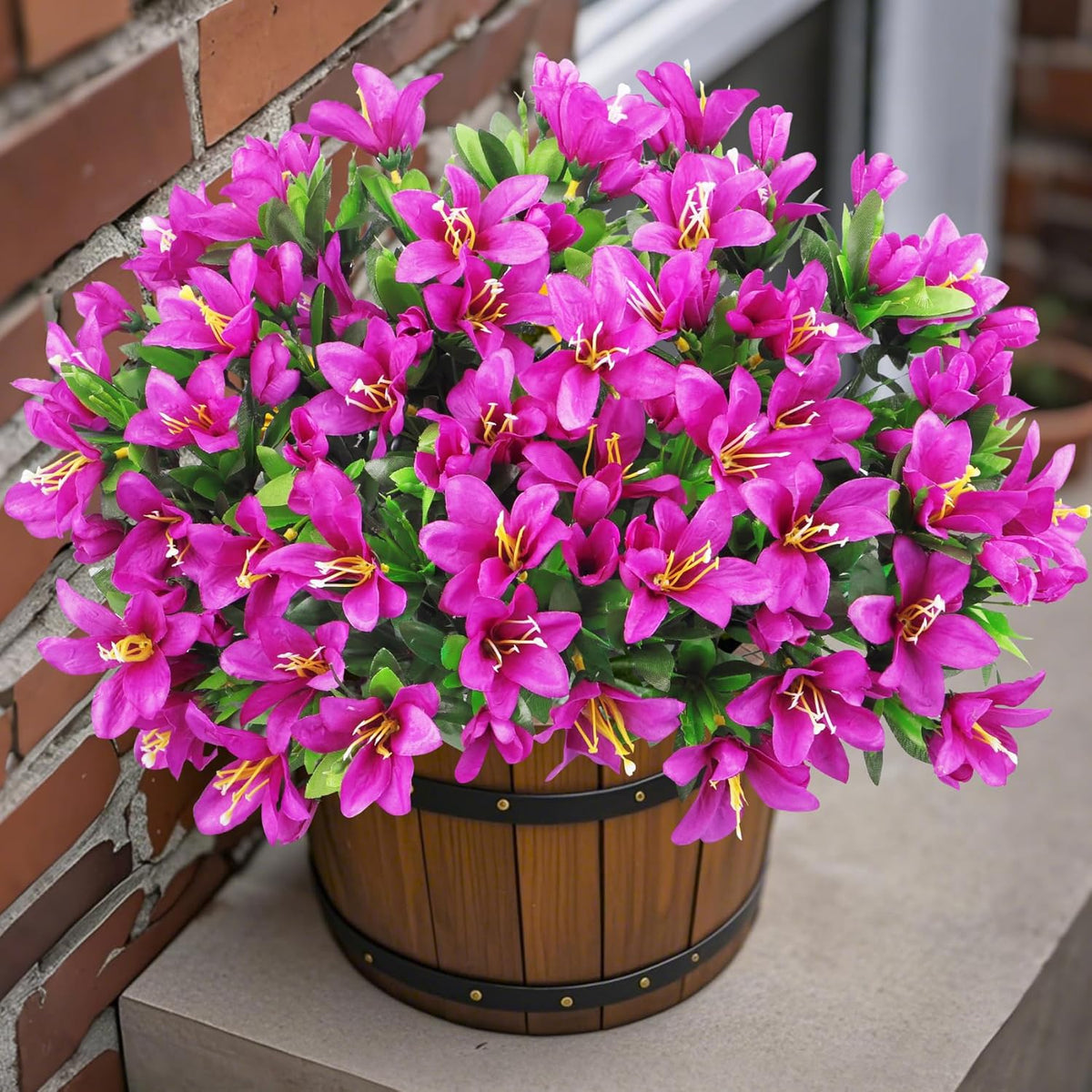 Ouddy Decor 8 Bundles Artificial Flowers for Outdoors, Fake Silk Flowers Azalea Plants UV Resistant for Summer Front Door Planter Garden Patio Window Box Balcony Walkway Home Decor, Fuchsia