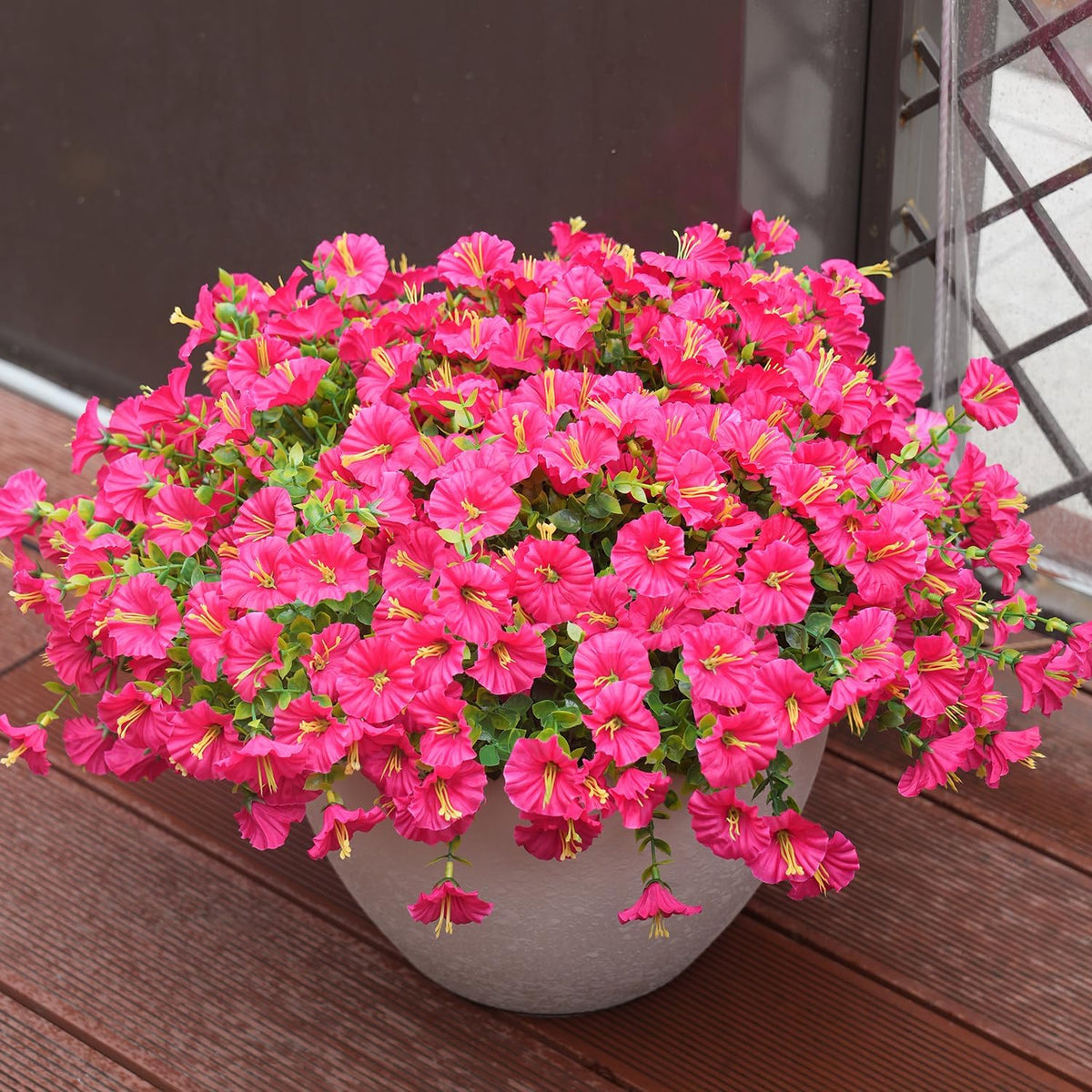 Artificial Flowers for Outdoors, UV Resistant Fake Silk Morning Glory, Realistic Faux Plants for Outside Porch Patio Window Box Hanging Planter (16, Purple Fuchsia Yellow Orange)
