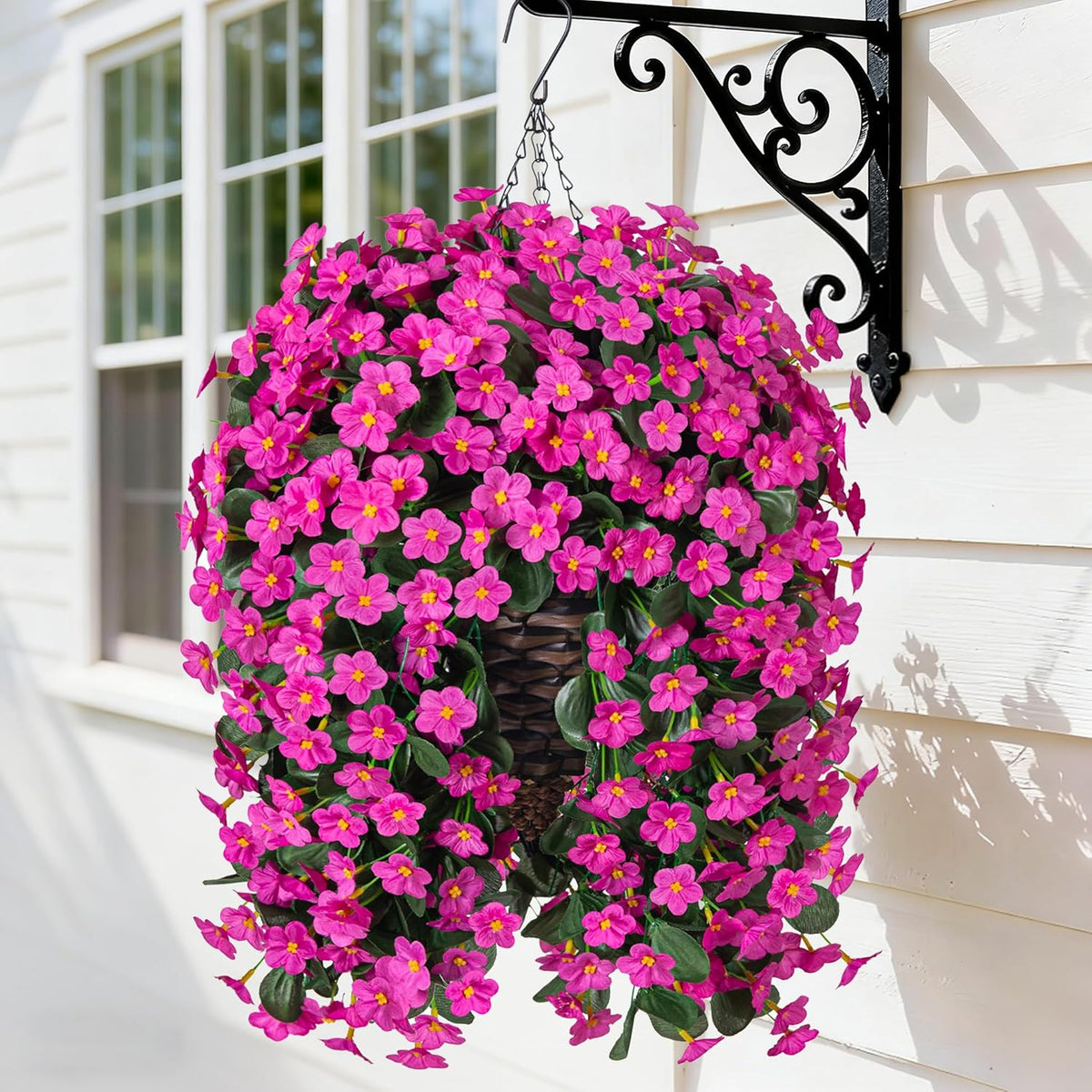 HyeFlora Artificial Faux Hanging Flowers Plants Basket for Outdoor Outside Porch Decoration, UV Resistant Fake Silk Purple Morning Glory Trailing Vines Realistic for Summer Home Balcony Yard Patio
