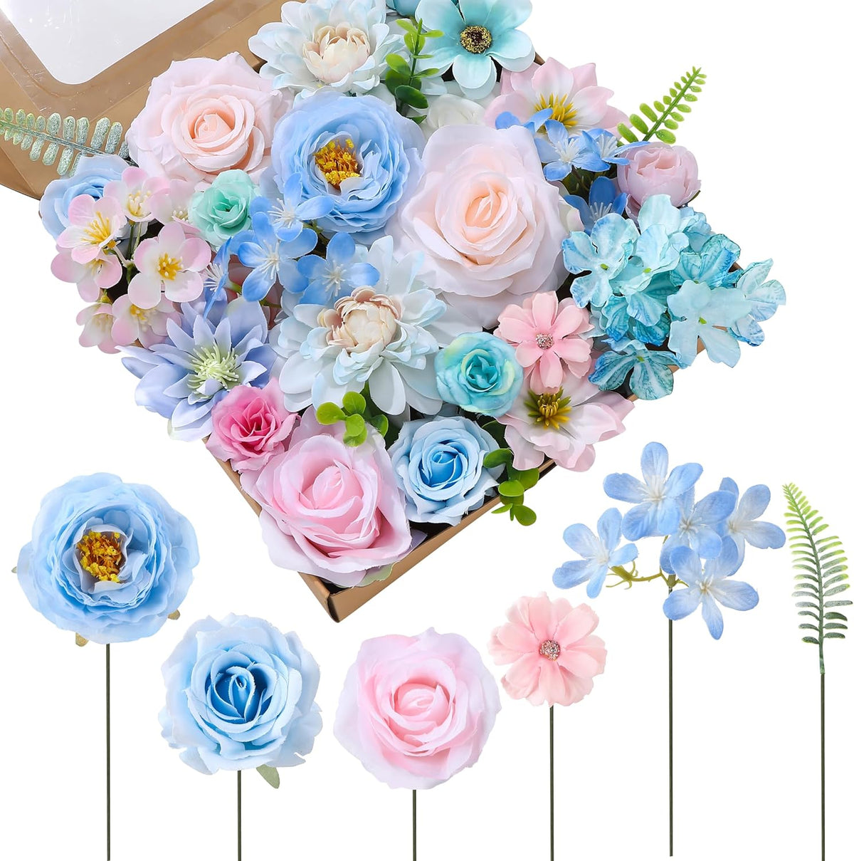 Jspupifip Pink, Hot Pink Artificial Flowers Combo Box Fake Silk Roses with Stems Hydrangea Peony Arrangement for Bridal Shower Boho DIY Wedding Cake White Flowers Table Decorations