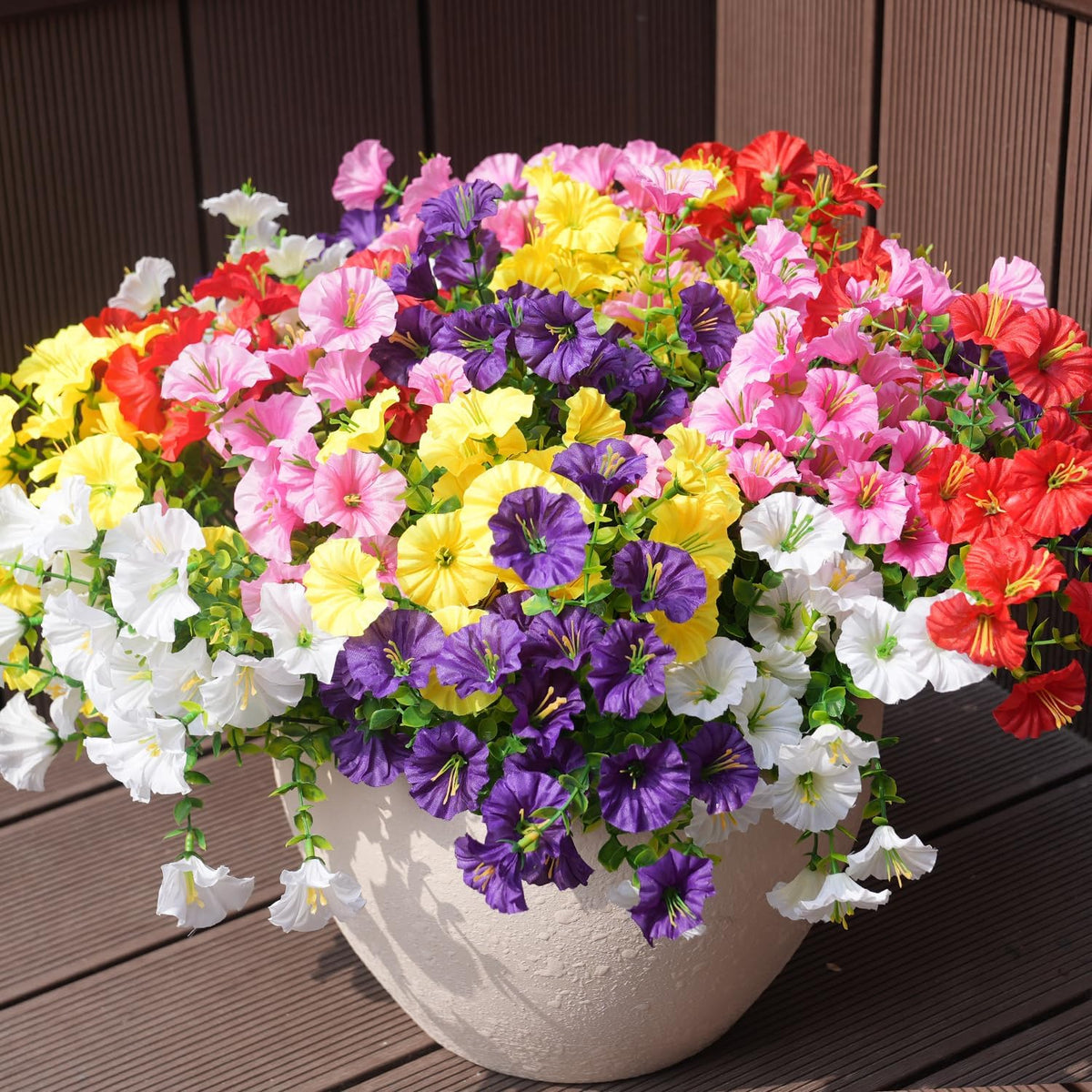 Artificial Flowers for Outdoors, UV Resistant Fake Silk Morning Glory, Realistic Faux Plants for Outside Porch Patio Window Box Hanging Planter (16, Purple Fuchsia Yellow Orange)