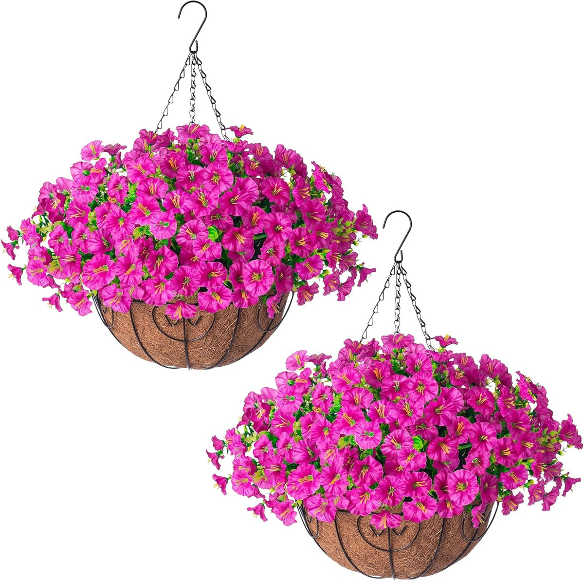2 Set Artificial Hanging Flowers Baskets for Outdoors Faux Spring Plants, 24 Pcs UV Resistant Faux Silk White Morning Glory with 2 Outdoor Hanging Planters Realistic for Outside Porch Patio Decor