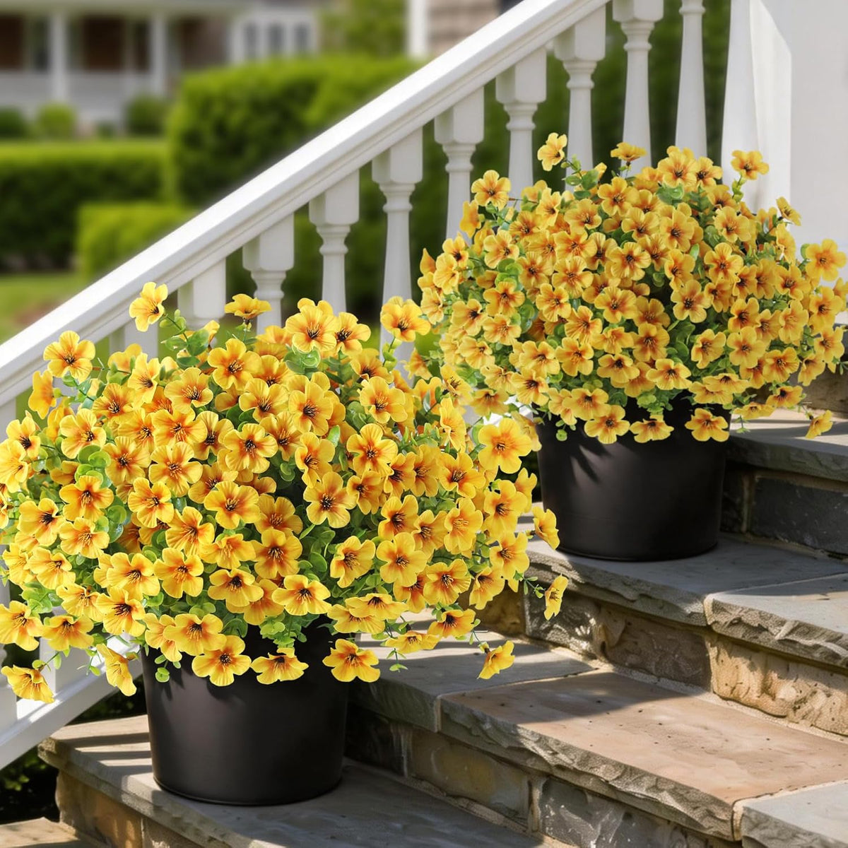2 Set of Artificial Morning Glory & Eucalyptus Topiary Trees - Faux Silk Flower Potted Plants, UV-Resistant Fake Outdoor Morning Glory Bushes for Front Door, Farmhouse, Garden Decor (Mixed Color)