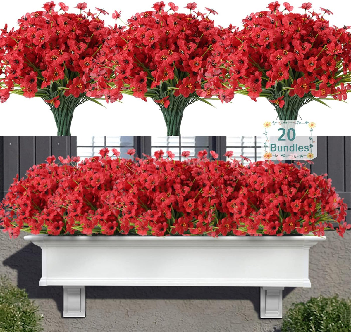 20 Bundles Artificial Flowers for Outdoors, UV Resistant Fake Realistic Flowers with Plastic Plants Spring Decor, Faux Silk Flowers for Outside Window Box Front Porch Planter Decor-Purple