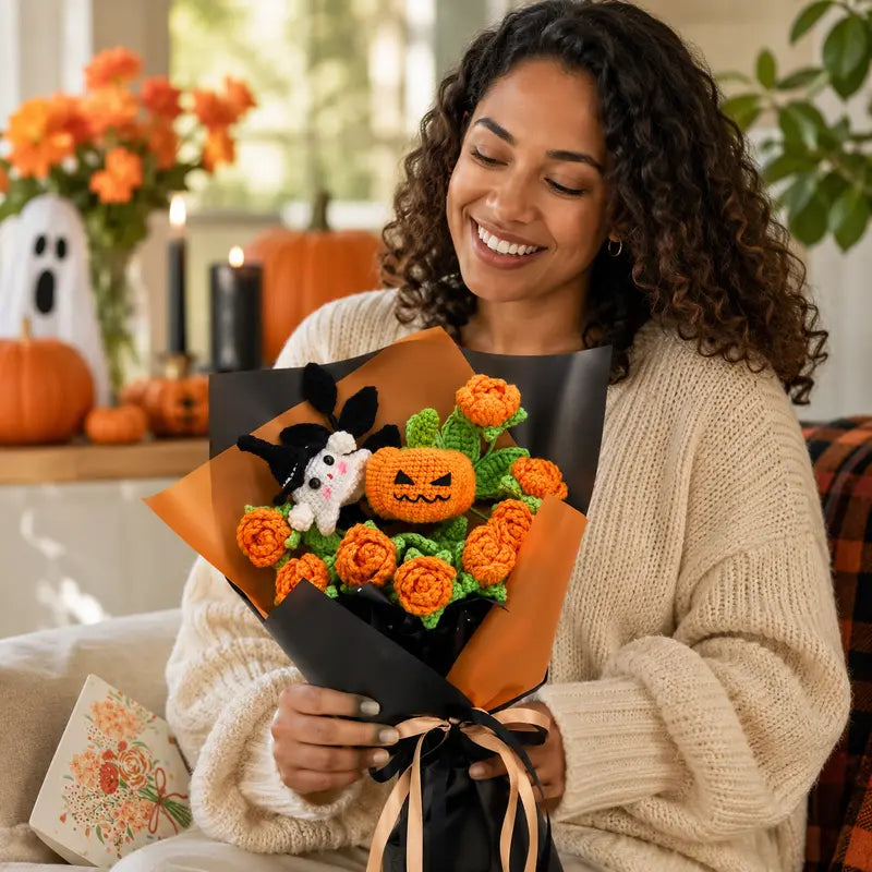 Handmade Crochet Flowers Bouquet - Halloween Pumpkin and Ghost Decor Gift
