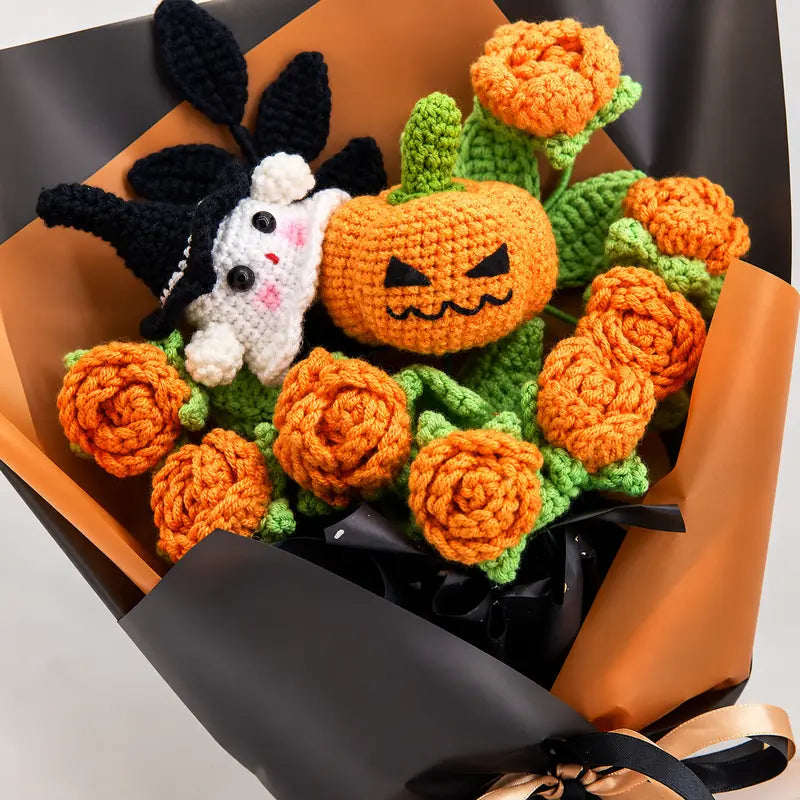 Handmade Crochet Flowers Bouquet - Halloween Pumpkin and Ghost Decor Gift