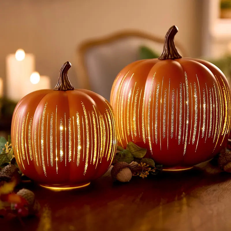 Set of 2 Illuminated Etched Glass Pumpkins with Twinkling Internal Lights for Autumn Decor