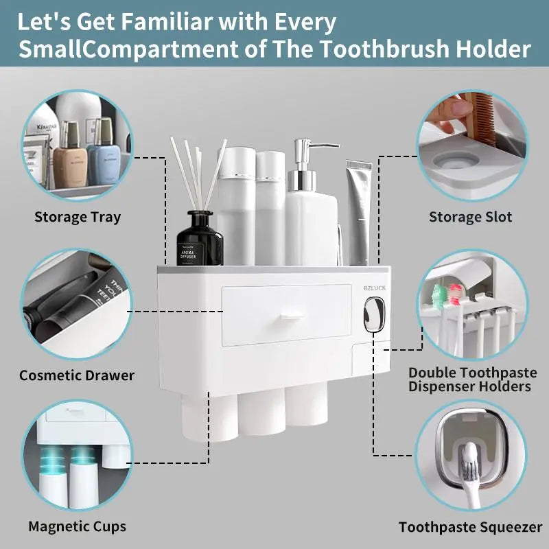 Wall Mounted Toothbrush Holder with Automatic Toothpaste Dispenser and Storage Tray