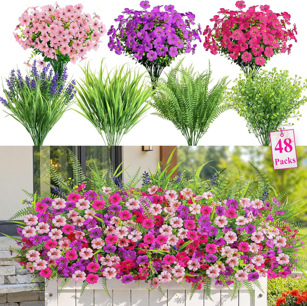 Alupssuc 24 Bundles Artificial Flowers for Outdoors Spring Decoration, UV Resistant Faux Eucalyptus Violet and Lavender Silk Fake Plants for Outside Indoor Yard Home Patio Decor, Red Rose Purple