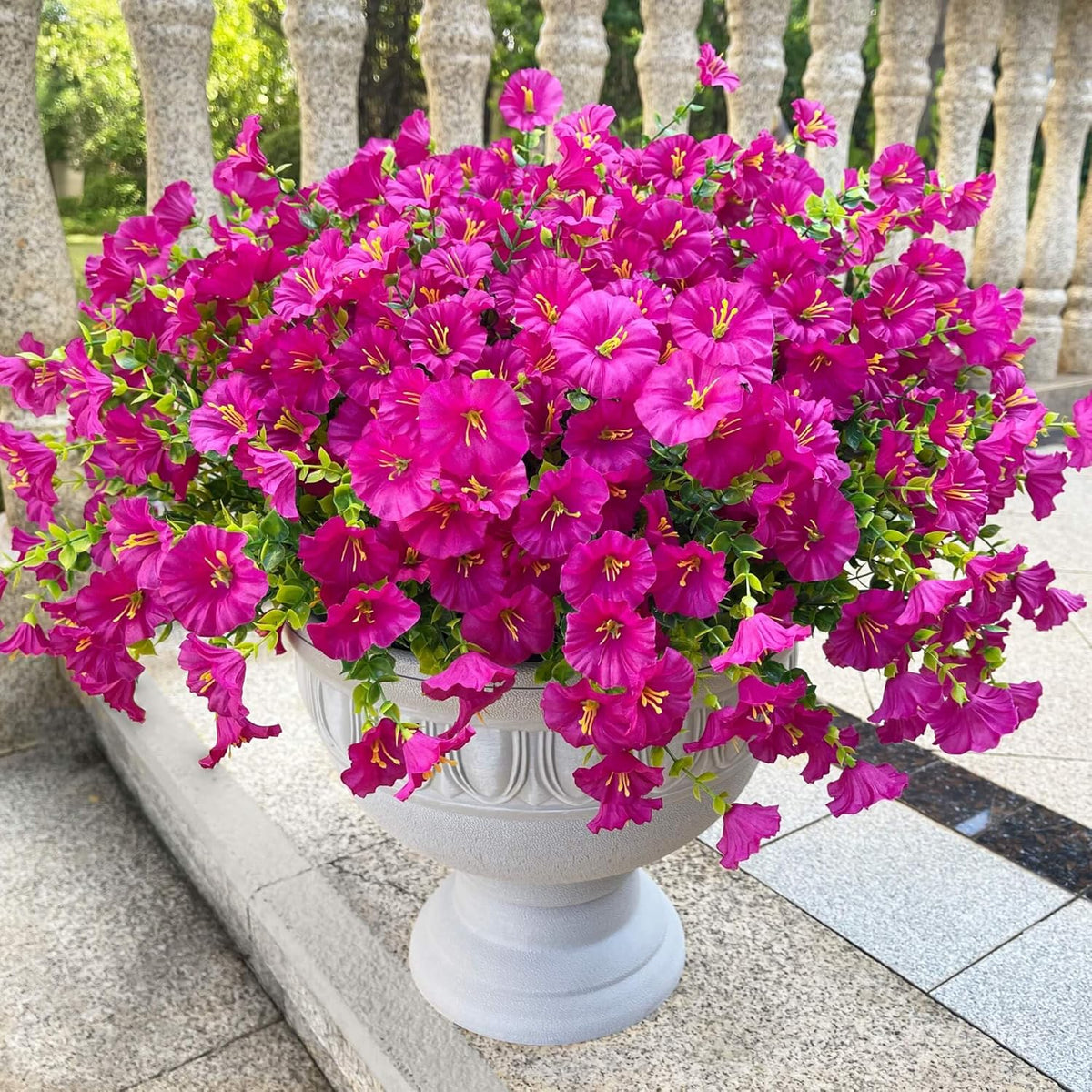 Artificial Fake Flowers For Outdoor Outside Decoration,16 Bundles UV Resistant Faux Plastic White Flowers with Green Eucalyptus Stem Plants Bulk Look Real for Home Porch yard Patio Planters (White)