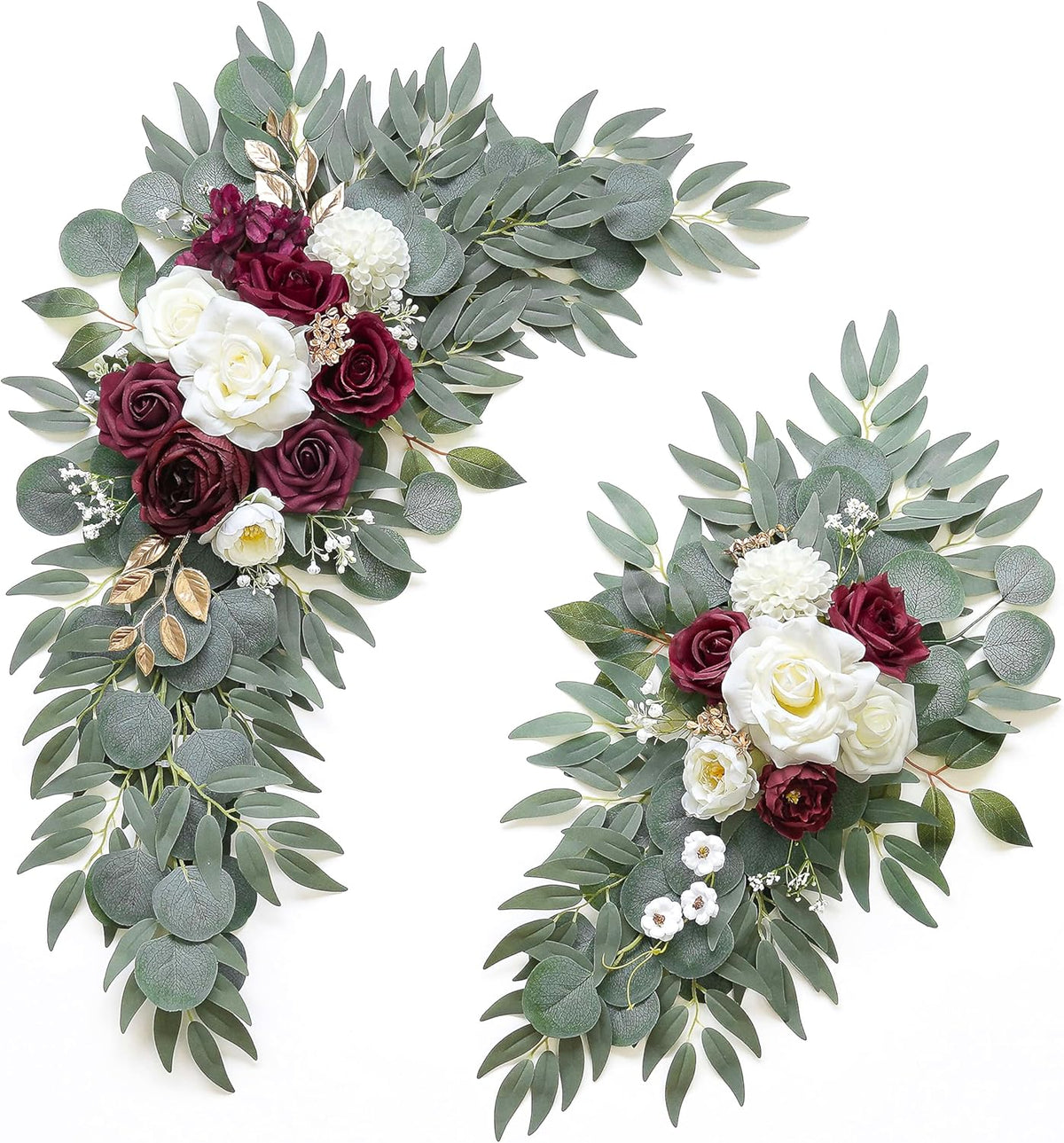 2-Pack Sage Green & White Wedding Flower Swag Set, Large: 35.43"L x 14.56"W, Small: 24.80"L x 12.99"W, Artificial Flowers for Wedding Arch, Ceremony, Table Centerpieces, Wall Hanging