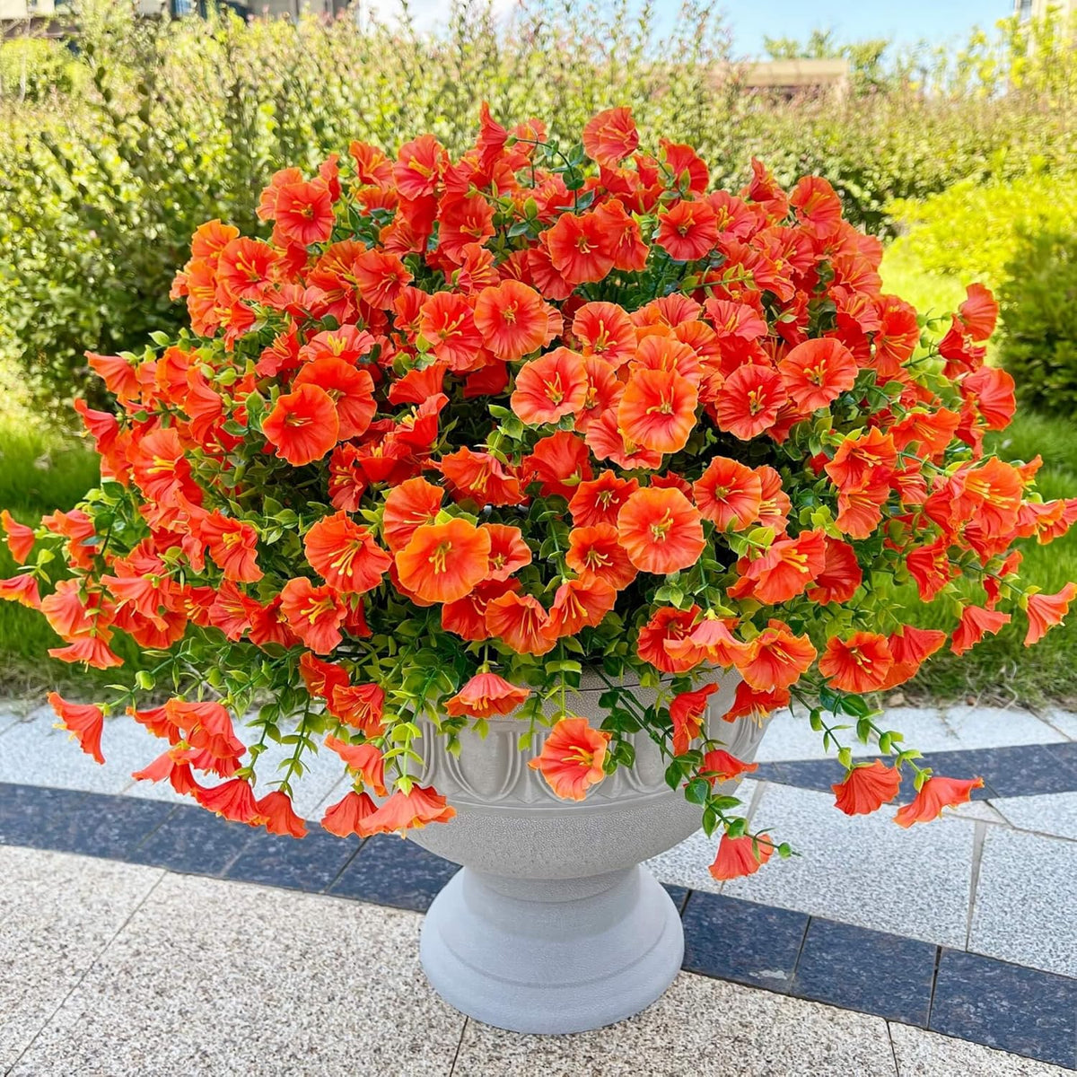 Artificial Fake Flowers For Outdoor Outside Decoration,16 Bundles UV Resistant Faux Plastic White Flowers with Green Eucalyptus Stem Plants Bulk Look Real for Home Porch yard Patio Planters (White)