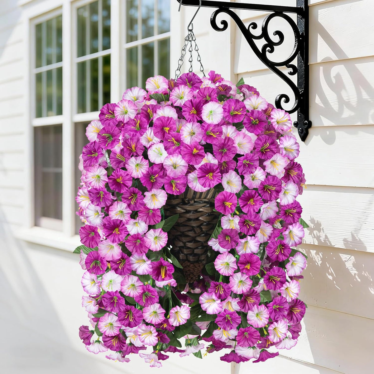 HyeFlora Artificial Faux Hanging Flowers Plants Basket for Outdoor Outside Porch Decoration, UV Resistant Fake Silk Purple Morning Glory Trailing Vines Realistic for Summer Home Balcony Yard Patio