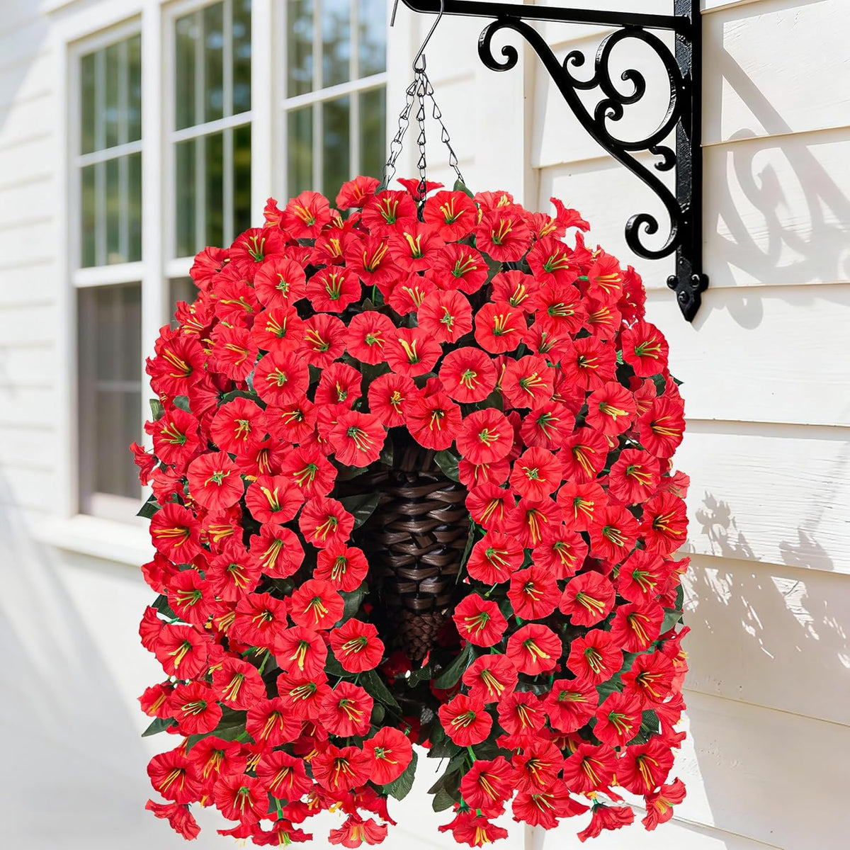HyeFlora Artificial Faux Hanging Flowers Plants Basket for Outdoor Outside Porch Decoration, UV Resistant Fake Silk Purple Morning Glory Trailing Vines Realistic for Summer Home Balcony Yard Patio