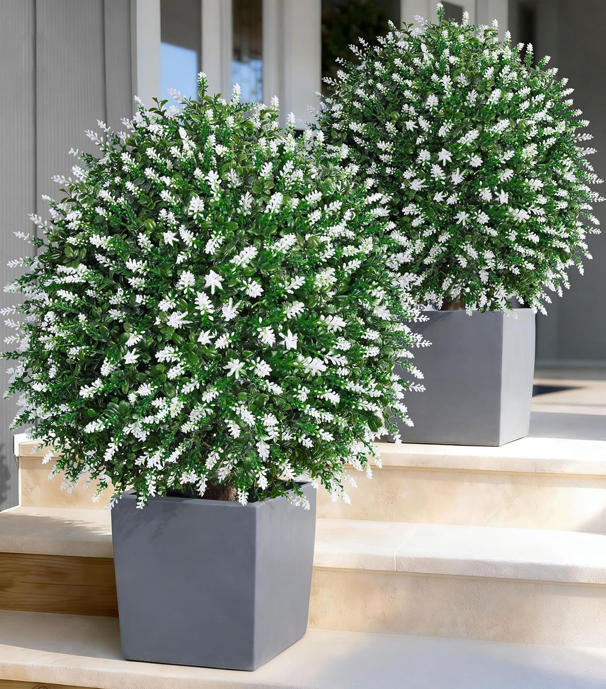 HyeFlora 26'' Artificial Topiary Boxwood Ball Trees with Lavender 2 Pack Fake Plants for Outdoor Indoor Artificial Shrubs with Ground Spike UV Resistant Fake Bushes for Front Porch Garden (White)