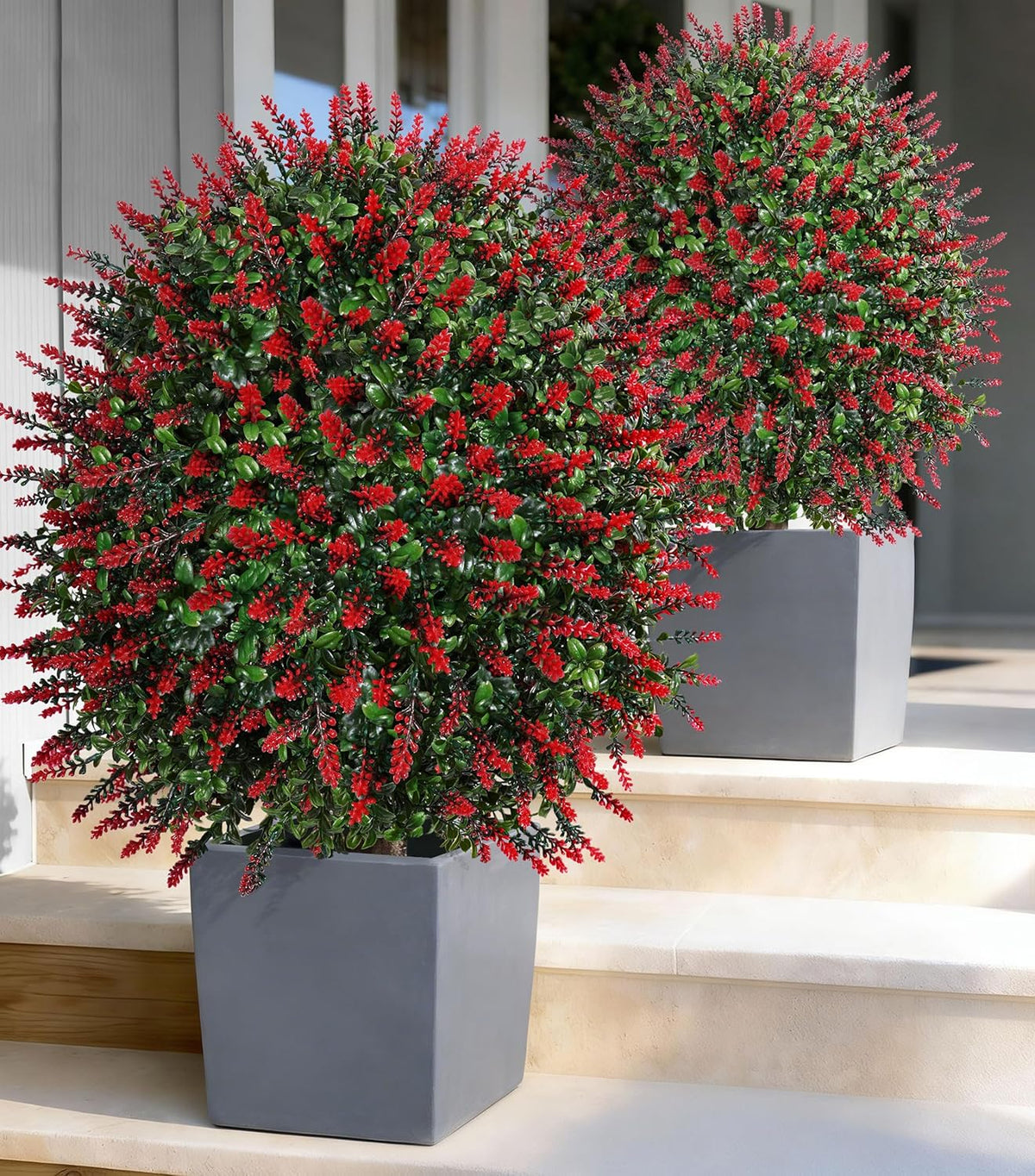 HyeFlora 26'' Artificial Topiary Boxwood Ball Trees with Lavender 2 Pack Fake Plants for Outdoor Indoor Artificial Shrubs with Ground Spike UV Resistant Fake Bushes for Front Porch Garden (White)