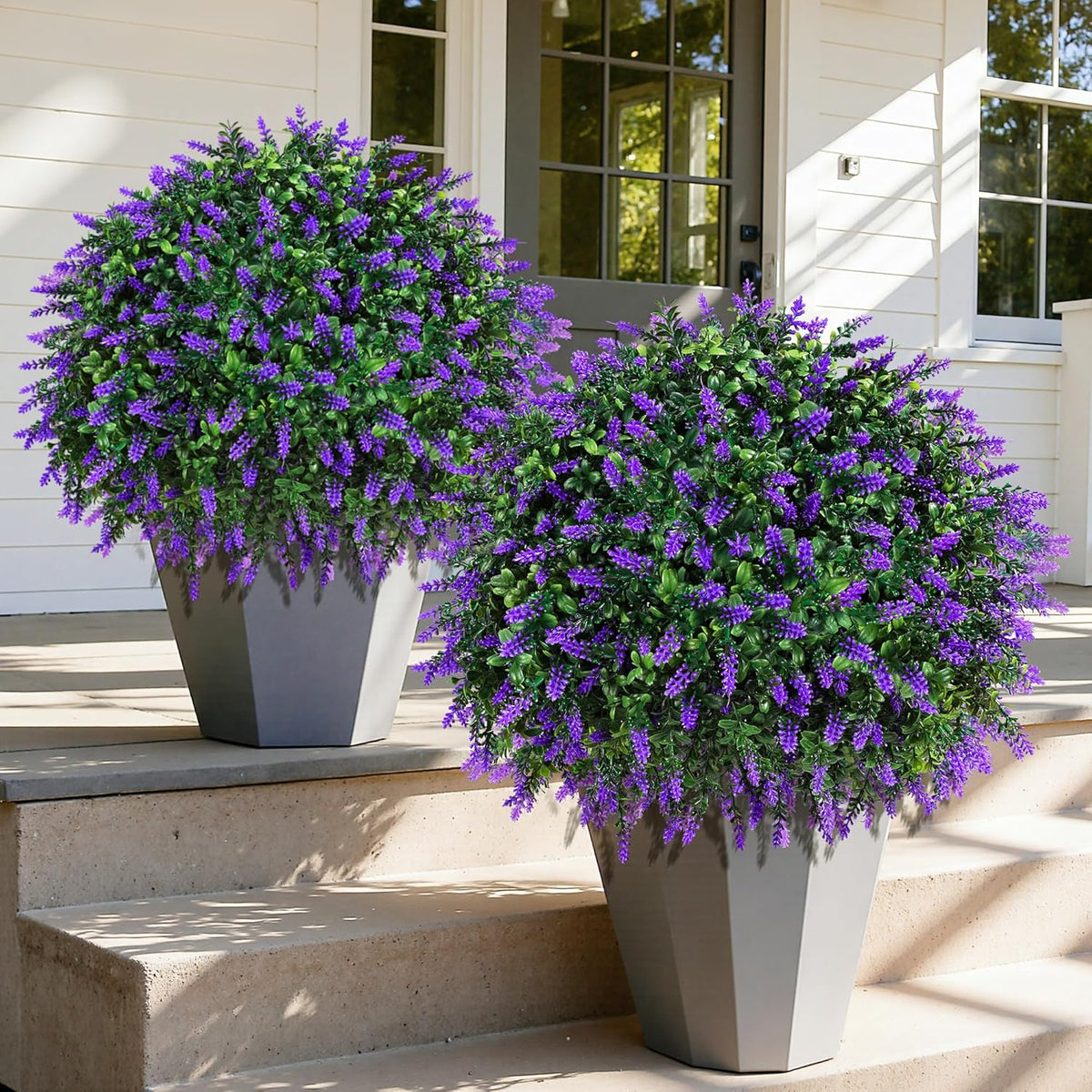 HyeFlora 26'' Artificial Topiary Boxwood Ball Trees with Lavender 2 Pack Fake Plants for Outdoor Indoor Artificial Shrubs with Ground Spike UV Resistant Fake Bushes for Front Porch Garden (White)