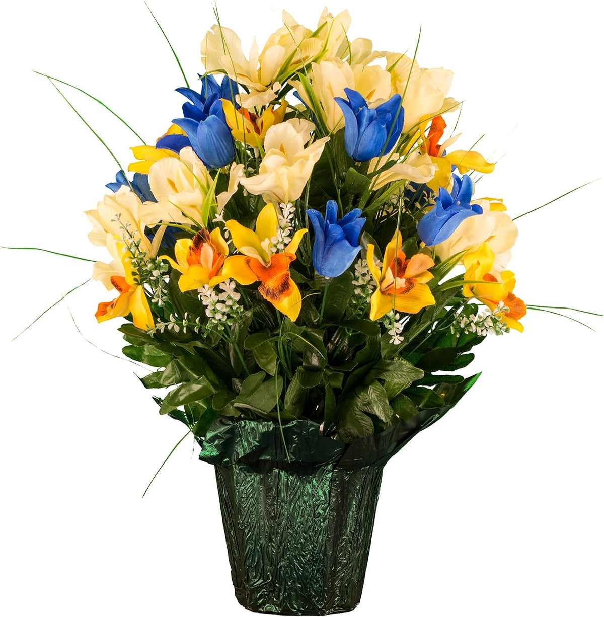Sympathy Silks Ruby's Silk Flowers Artificial Flowers - Weighted Pot Bouquet Decoration - Height 18"-20" - Red Tulip and White Iris Potted Flowers