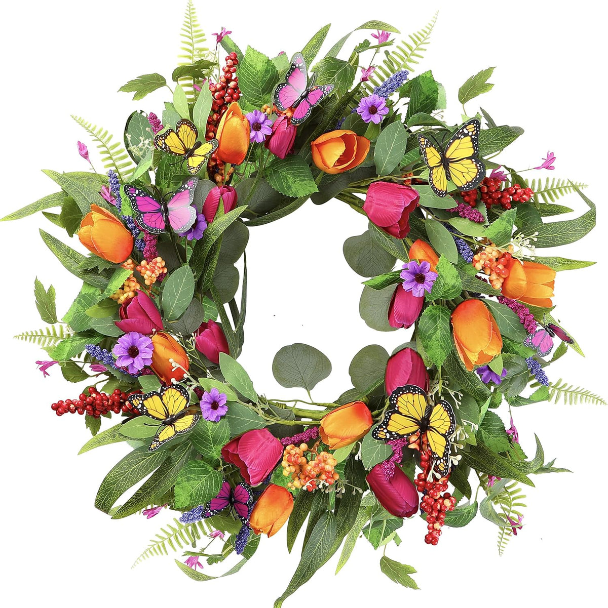 Sggvecsy Spring Summer Wreath for Front Door 22 Inch Artificial Tulips Wreath with Eucalyptus Leaves Lavender Ferns Colorful Silk Flowers Butterflies for Home Farmhouse Indoor Outdoor Wall Decor
