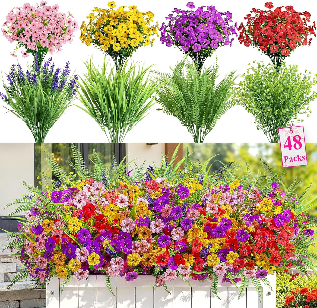 Alupssuc 24 Bundles Artificial Flowers for Outdoors Spring Decoration, UV Resistant Faux Eucalyptus Violet and Lavender Silk Fake Plants for Outside Indoor Yard Home Patio Decor, Red Rose Purple