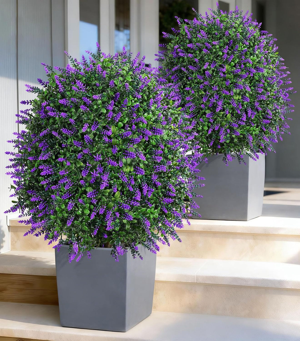 HyeFlora 26'' Artificial Topiary Boxwood Ball Trees with Lavender 2 Pack Fake Plants for Outdoor Indoor Artificial Shrubs with Ground Spike UV Resistant Fake Bushes for Front Porch Garden (White)