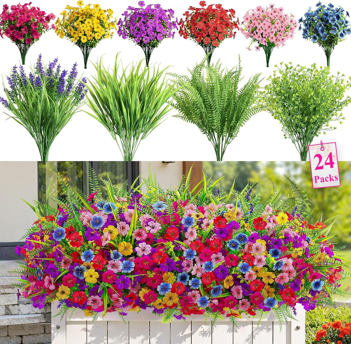 Alupssuc 24 Bundles Artificial Flowers for Outdoors Spring Decoration, UV Resistant Faux Eucalyptus Violet and Lavender Silk Fake Plants for Outside Indoor Yard Home Patio Decor, Red Rose Purple