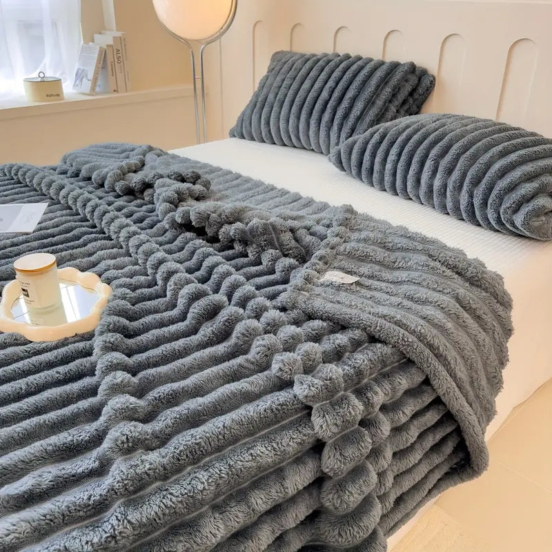 Super Soft Fleece Throw Blanket - Fluffy Stripe Texture Lightweight Blanket for Couch and Bed