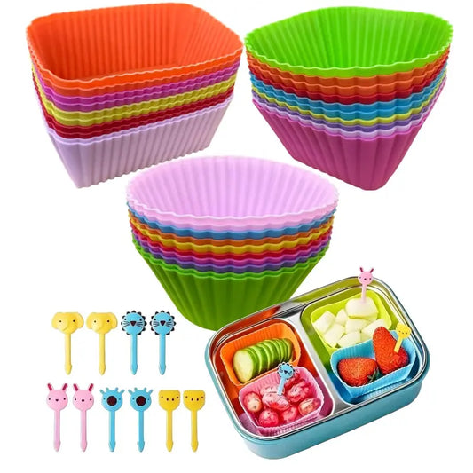 40 Pcs Silicone Muffin Cups & Cupcake Cups with Fruit Forks, Reusable Lunch Box Dividers