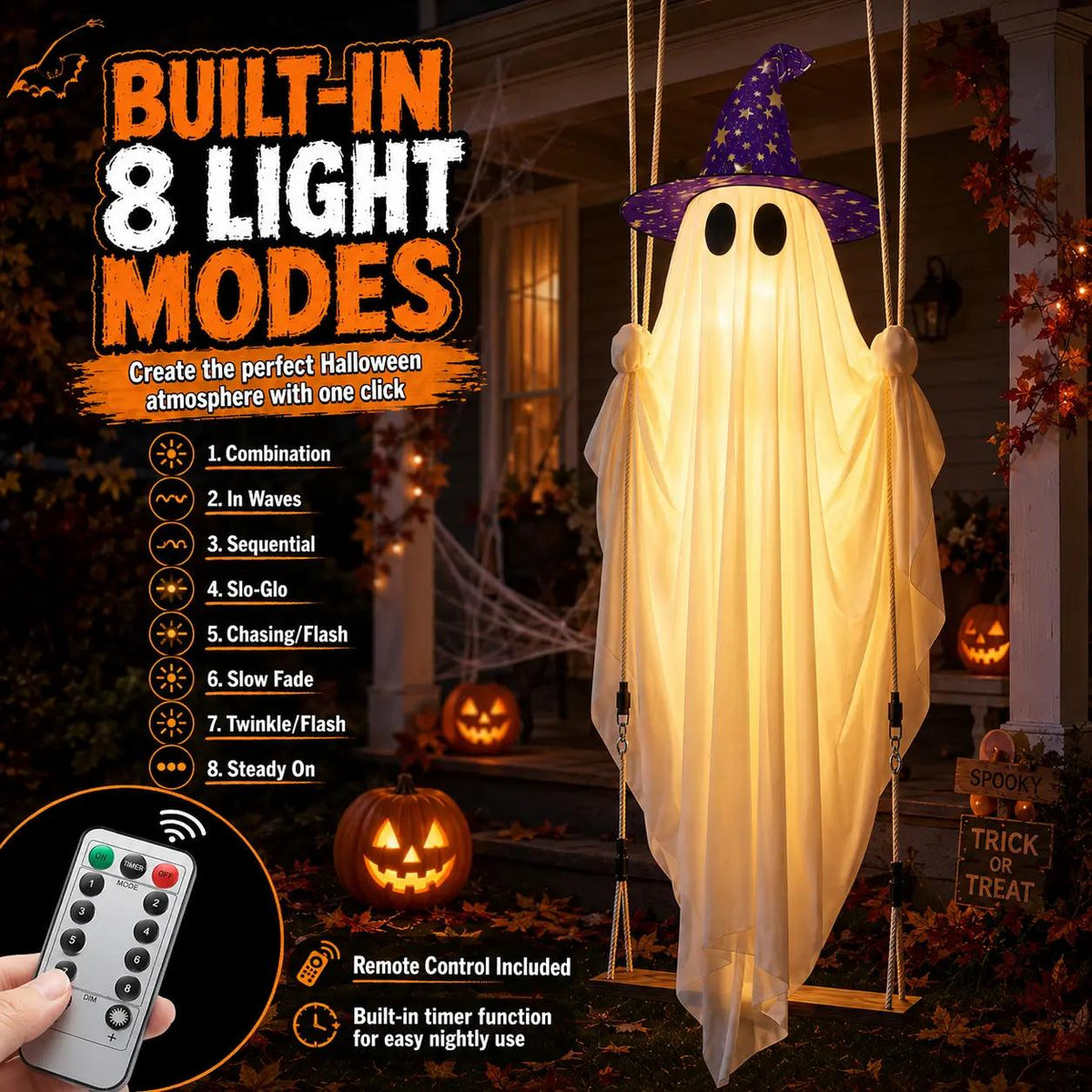13FT Lighted Hanging Ghost Swing Halloween Outdoor Decor with Remote Control
