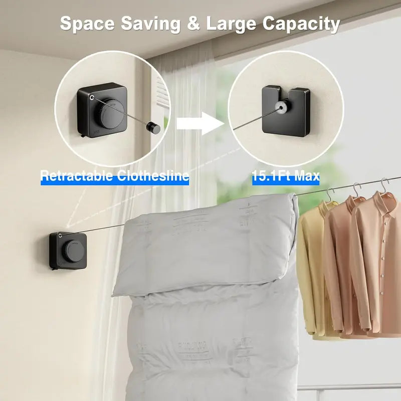 Wall-Mounted Retractable Clothesline - 15.6ft Adjustable Stainless Steel Drying Rack