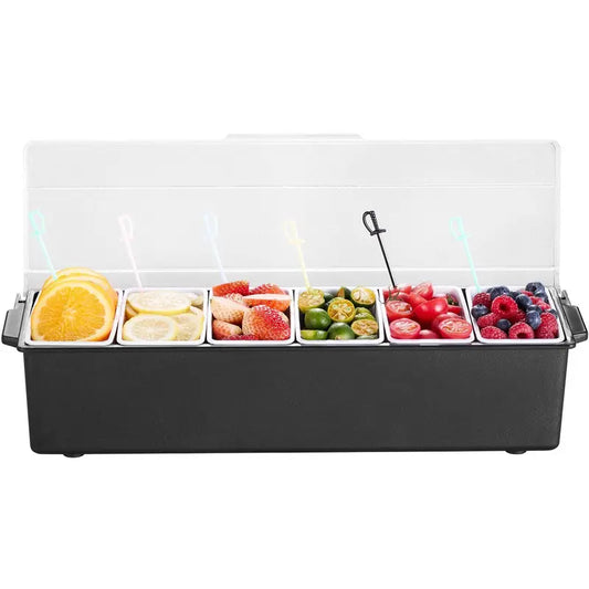 6-Detachable Compartment Ice-Cooled Condiment Server, Food-Safe Preservation Container with Lid