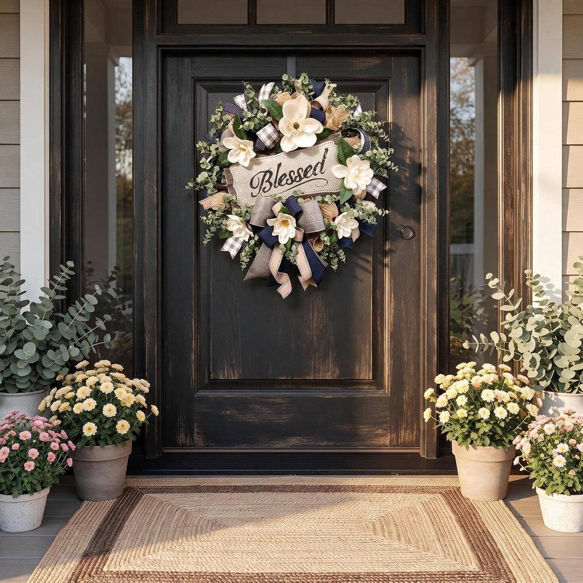 Spring Summer Wreath for Front Door, Farmhouse White Floral Porch Decor with Blessed Plaque
