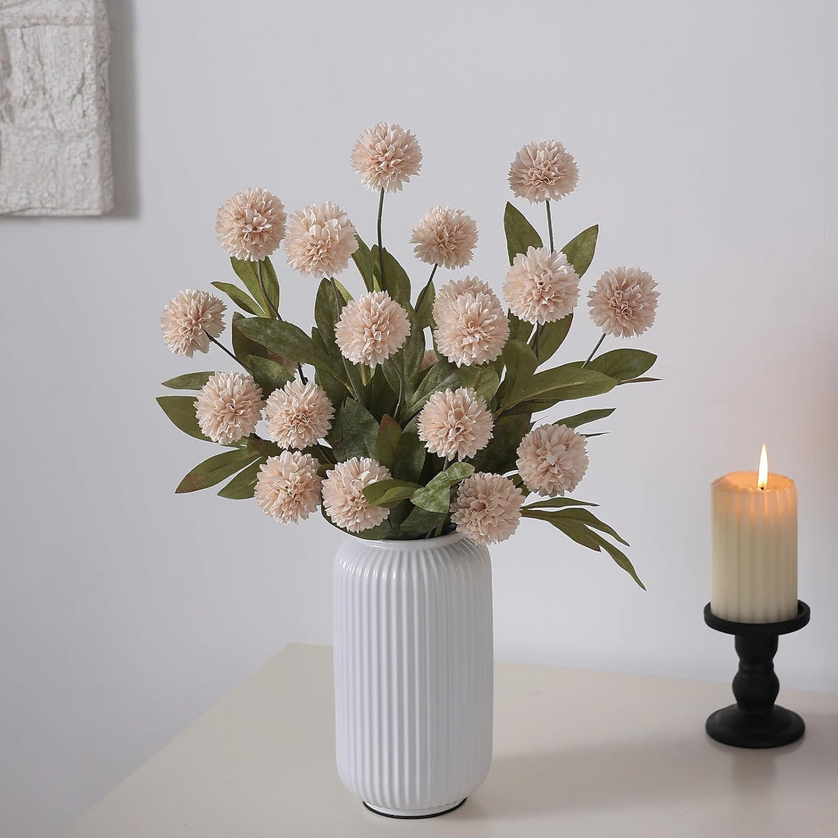 12 Pcs 27" Faux Silk Pompon Mum Artificial Flowers for Vase, Beige Bulk Fake Chrysanth Branches