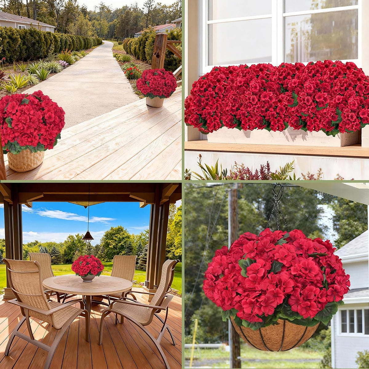 8 Pcs Artificial Geraniums Flowers for Outdoor Spring Summer Decor - UV-Resistant & Realistic Silk Faux Plants for Garden Porch Patio Yard Balcony Home Kitchen Table Centerpieces Decoration,Red