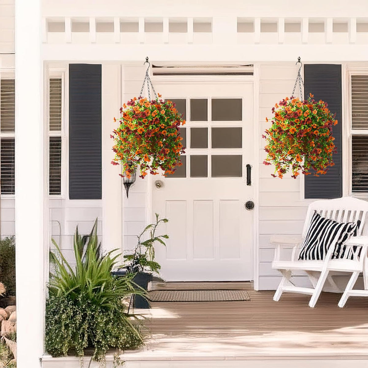 Artificial Hanging Flowers Plants for Outdoor Fall Decoration, 2PCS Faux Silk Daisy UV Resistant Look Real for Outside Home Indoor Planter Porch Window Yard Mums Autumn Decor(Orange Brown)